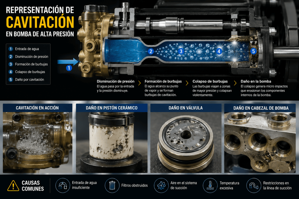 Representación de cavitación en bombas de alta presión industriales